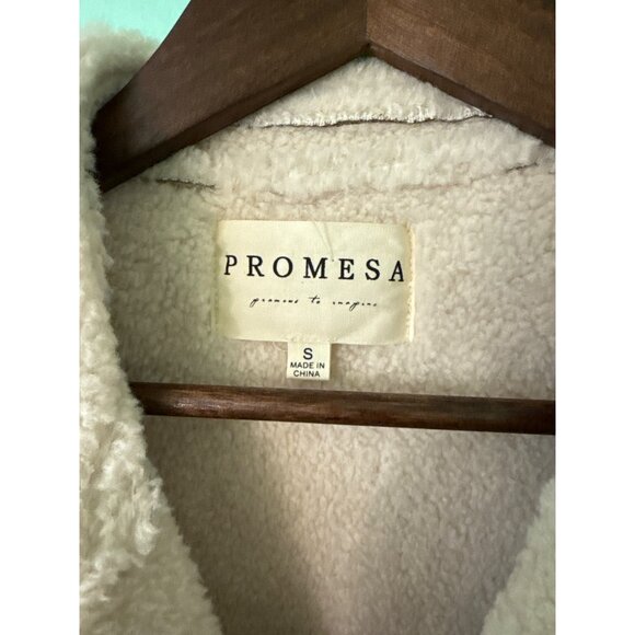 Promesa Womens S Button-Up Faux Suede Jacket With Faux Shearling Trim Tan & Whit - Picture 3 of 8